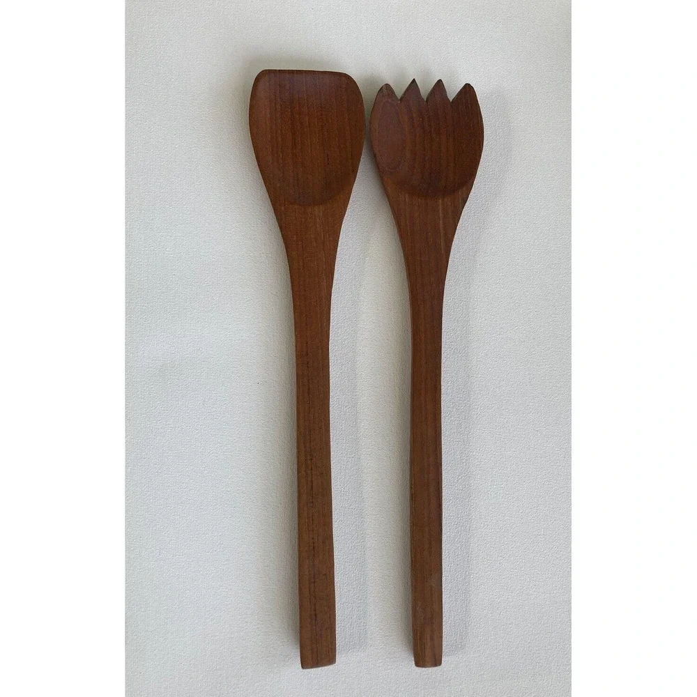 Vtg Teak Wood Salad Serving Set Spoon and Fork Salad Utensils MCM